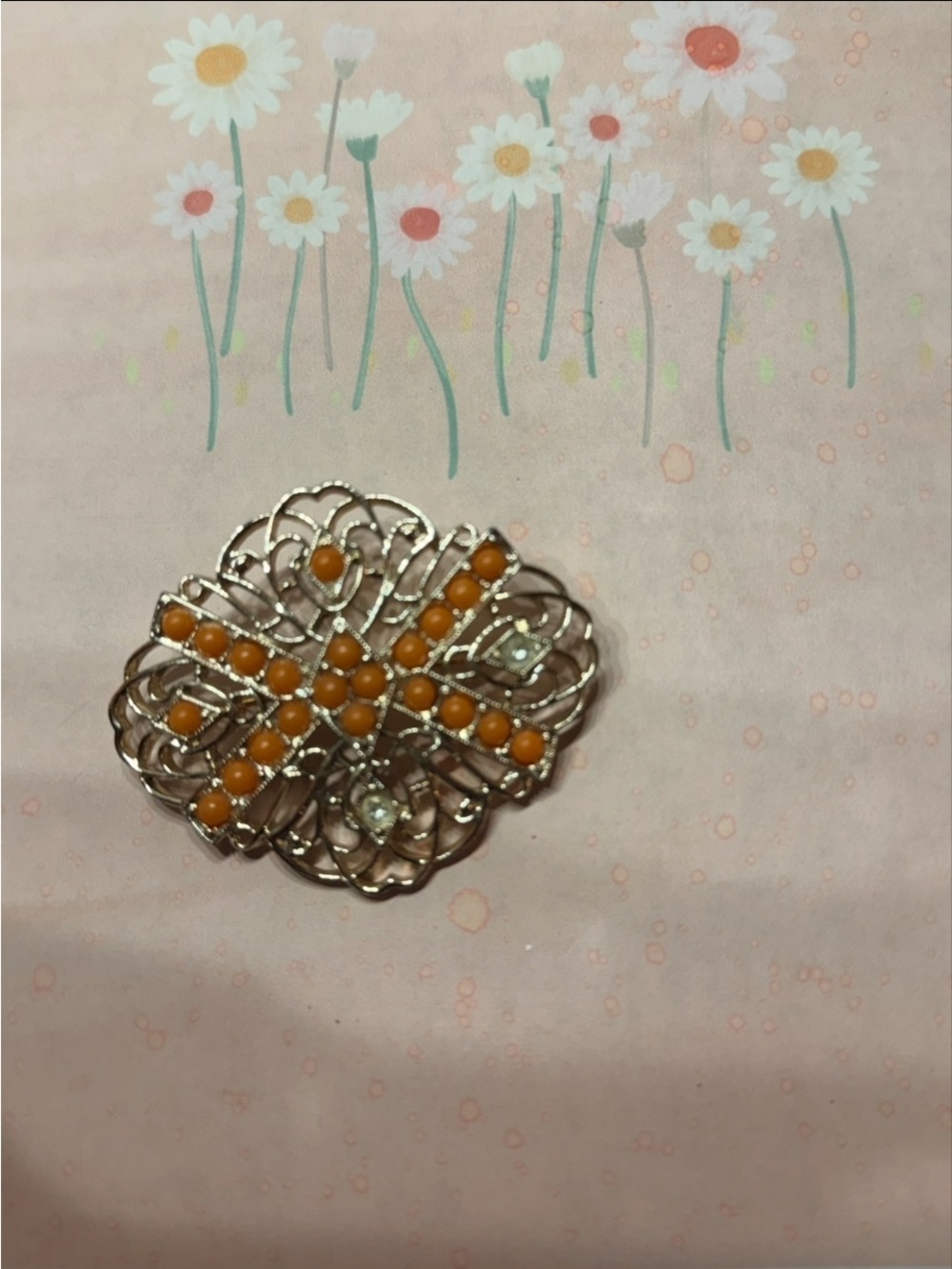 Vintage-Inspired Orange Bead Filigree Brooch - Unbranded